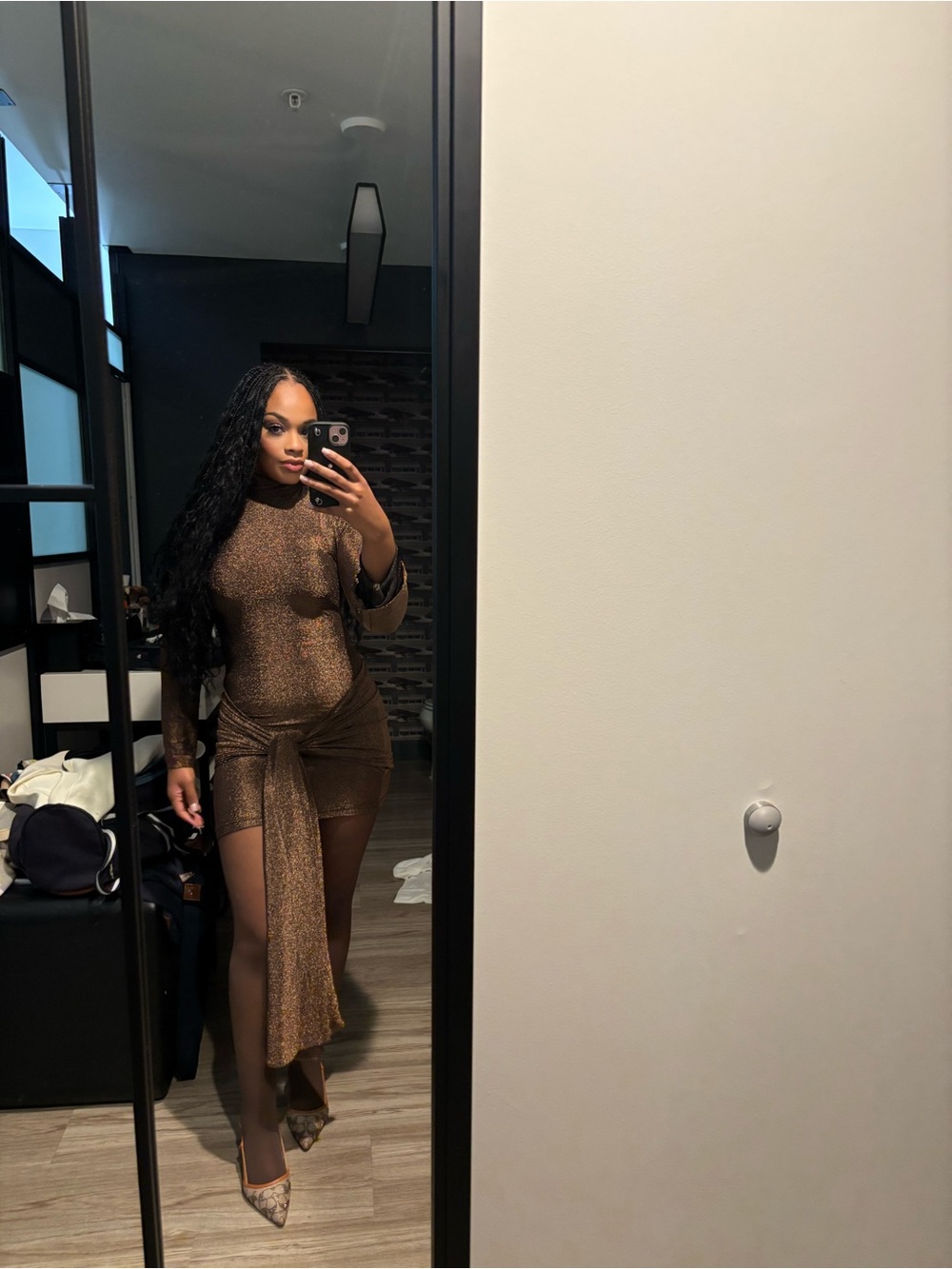 Bardot Bronze Shimmer Long-Sleeve Wrap Mini Dress